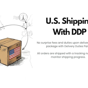 May include: A brown cardboard shipping box with a United States flag graphic on the side. The illustration includes a world map with arrows connecting locations, a stamp icon, and the text U.S. Shipping With DDP, No surprise fees and duties upon delivery of your package with Delivery Duties Paid! All orders are shipped with a tracking number to monitor shipping progress.