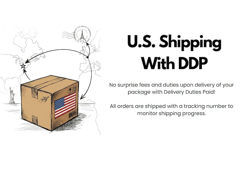 May include: A brown cardboard shipping box with a United States flag graphic on the side. The illustration includes a world map with arrows connecting locations, a stamp icon, and the text U.S. Shipping With DDP, No surprise fees and duties upon delivery of your package with Delivery Duties Paid! All orders are shipped with a tracking number to monitor shipping progress.