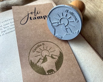 Personalized mountain and bear stamp. First Name and Nature ink stamp. Large customizable stamp for birthday. Ex Libris stamp