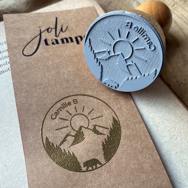 Personalized mountain and bear stamp. First Name and Nature ink stamp. Large customizable stamp for birthday. Ex Libris stamp