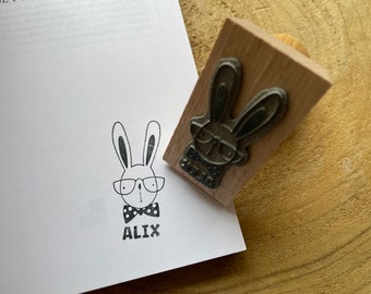 Personalized Rabbit with Glasses stamp. First Name and Baptism Rabbit ink stamp. Customizable birthday stamp.