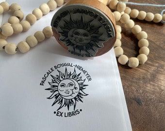 Personalized Ex Libris stamp Moon and sun. Ex Libris Space ink stamp. Customizable Astres book stamp.