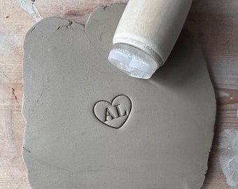 Personalized heart pottery stamp. Ceramic stamp Initials and heart. Customizable ceramic pottery stamp.