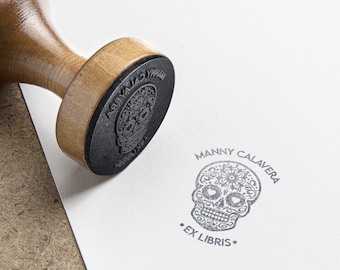 Personalized Mexican Skull stamp. First name and Calavera ink pad. Large Customizable Mexican Halloween Stamp. ExLibris stamp