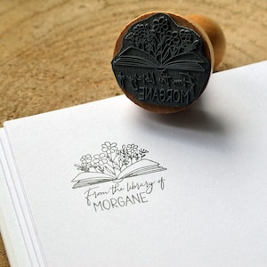 Personalized Flowers Book stamp. First Name and Book ink stamp. Large customizable stamp for birthday. Ex Libris stamp image 1