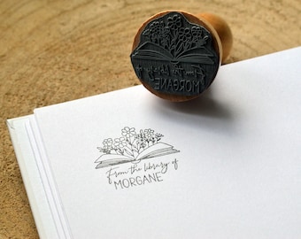 Personalized Flowers Book stamp. First Name and Book ink stamp. Large customizable stamp for birthday. Ex Libris stamp