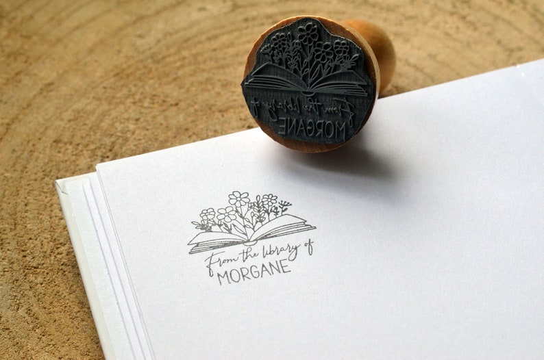 Personalized Flowers Book stamp. First Name and Book ink stamp. Large customizable stamp for birthday. Ex Libris stamp image 1