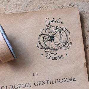 Personalized Ex Libris Peony stamp. Customizable ink stamp for books. Peonies flower personalized wooden handle stamp image 1