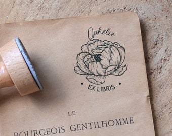 Personalized Ex Libris Peony stamp. Customizable ink stamp for books. Peonies flower personalized wooden handle stamp