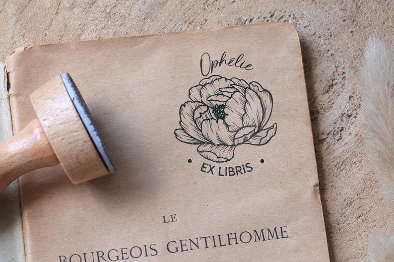 Personalized Ex Libris Peony stamp. Customizable ink stamp for books. Peonies flower personalized wooden handle stamp image 1