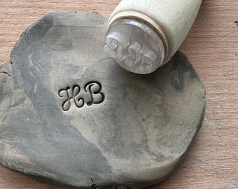 Personalized pottery stamp with cursive initials. Initials ceramic stamp. Customizable ceramic pottery stamp.