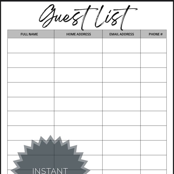 Instant Downloadable Guest List, Sign in Sheet with Name, Address, Phone Number, and Email Address, Downloadable Guest List for Party Plan