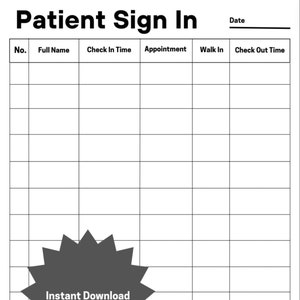 Patient Sign In Sheet | Instant Download | Full Name, Check in, Appointment Time, Check out | Printable