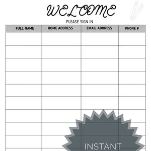 Welcome Please Sign In Sheet | Instant Download | Printable | Name, Home Address, Email, and Phone Number
