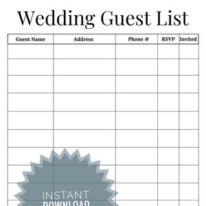 Classic Wedding Guest List Sign in Sheet | Name | Address | Phone Number | RSVP | Invited