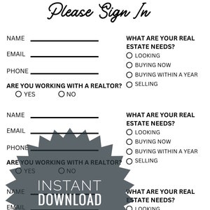 Real Estate Please Sign In Sheet | Sign in Sheet | Instant Download | Printable | Name, Date, Email, Phone, Real Estate Questions