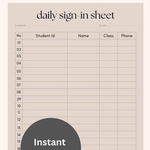 Sign in Sheet | Student ID | Name | Date | Class | Phone | Instant Download | Printable