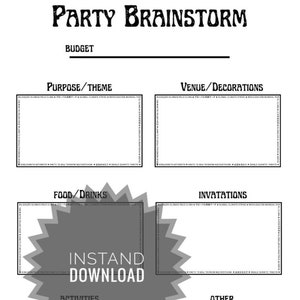 Party Brainstorm Printable | Instant Download | Brainstorm Your Event Ideas | Printable