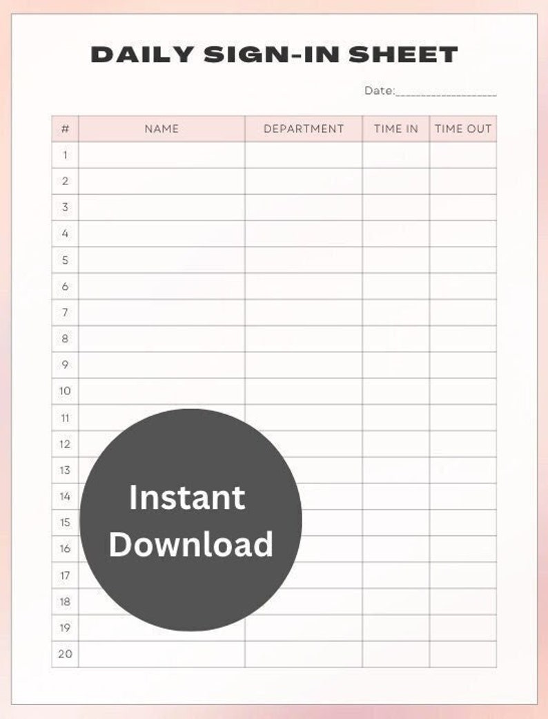 Daily Sign-in Sheet | Instant Download | Sign in Sheet With Name, Date ...