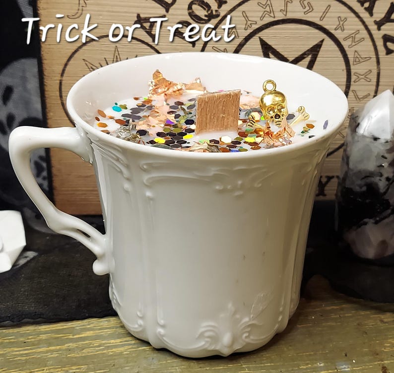 Halloween Teacup Candles, Themed Crystal Confetti Candles, Handpoured