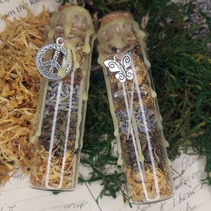 May include: Two glass bottles filled with dried herbs and flowers, sealed with wax and cork. One bottle has a peace sign charm, the other a butterfly charm. The bottles are surrounded by dried flowers and greenery.