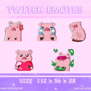 Puede incluir: Conjunto de cinco emoticonos de Twitch de cerdos rosas con diferentes expresiones. Los emoticonos están en un formato de cuadrícula con el texto "TWITCH EMOTES" en la parte superior y "SIZE 112 x 56 x 28" en la parte inferior. Los emoticonos incluyen un cerdo con una expresión de enfado, un cerdo llorando, un cerdo de espaldas, un cerdo sosteniendo un corazón y un cerdo con gafas de sol y sosteniendo dinero.