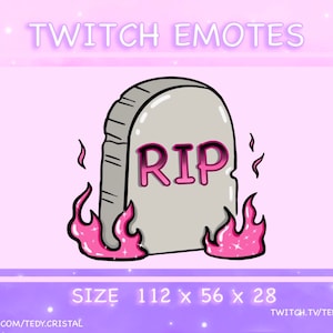 May include: A pink and gray cartoon tombstone with the word "RIP" on it. The tombstone is surrounded by pink flames. The image is for a Twitch emote.