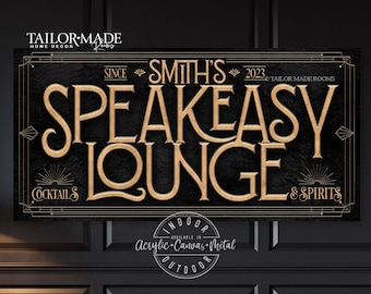 May include: Black and gold sign with the text "Smith's Speakeasy Lounge" with the words "Cocktails" and "& Spirits" on either side. The sign also includes the text "Since" and "2023" and the words "Indoor" and "Outdoor" in a circle.