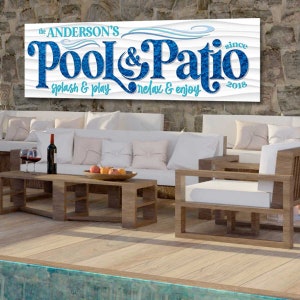 Panneau pour piscine et terrasse, nom de famille pour terrasse de piscine, panneau pour piscine, bar et grill dans l'arrière-cour, panneau de piscine personnalisé, panneau en métal, panneau pour grande piscine, décoration de piscine