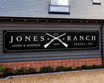 May include: Black and white sign with the text "Jones Ranch" in a western style font. The sign also includes the text "Est. 2023", "Cattle & Livestock", and "Sebeka, MN".