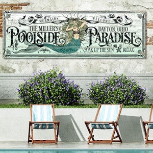 Enseignes personnalisées pour piscine, piscine et terrasse, enseigne de piscine personnalisée, bar et grill dans l'arrière-cour, oeuvre d'art pour piscine sirène, enseigne de piscine, décoration sirène