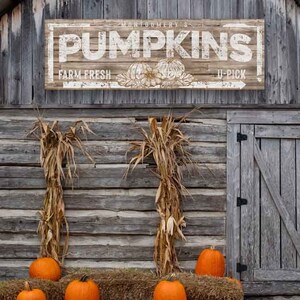 May include: A rustic wooden sign reading "PUMPKINS" with "Farm Fresh" and "U-Pick" text. The sign is mounted on a weathered wooden barn. Orange pumpkins sit on hay bales, with dried corn stalks on either side.