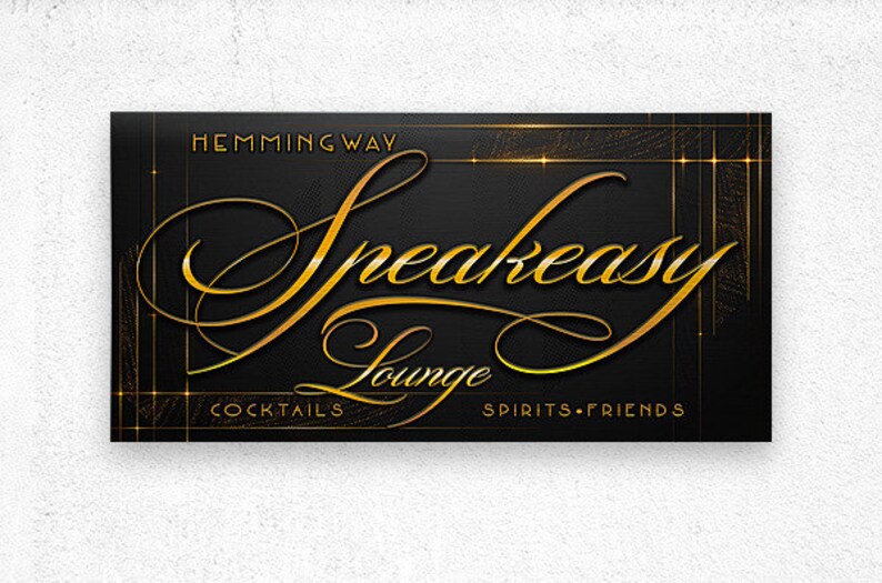 speakeasy Sign in gold script on black background with gold script tet.

Speakeasy Bar Sign, Lounge Bar Sign, Speakeasy Lounge Sign,Bar Wall Decor,Large Bar Wall Art,Bar Sign,Bar Art,Bourbon Bar Sign,Billiard Sign