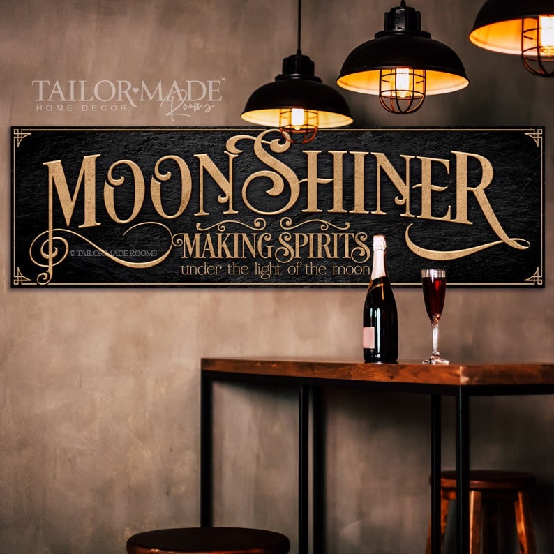 Whiskey Signs, Speakeasy Sign,Bar Wall Decor,Whiskey Art,Moonshine Wall Art,Bourbon Signs,Moonshine,Bar Wall Decor,Bar Art, Prohibition Sign

Bar sign Moonshiner on black background with wood words that say Moonshiner, making spirits.