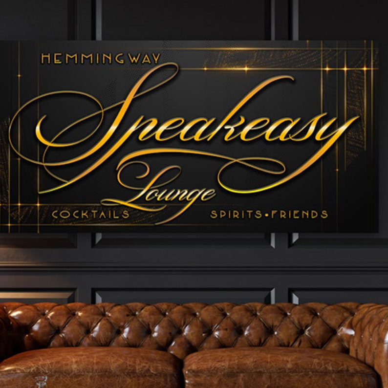 speakeasy Sign in gold script on black background with gold script tet.

Speakeasy Bar Sign, Lounge Bar Sign, Speakeasy Lounge Sign,Bar Wall Decor,Large Bar Wall Art,Bar Sign,Bar Art,Bourbon Bar Sign,Billiard Sign