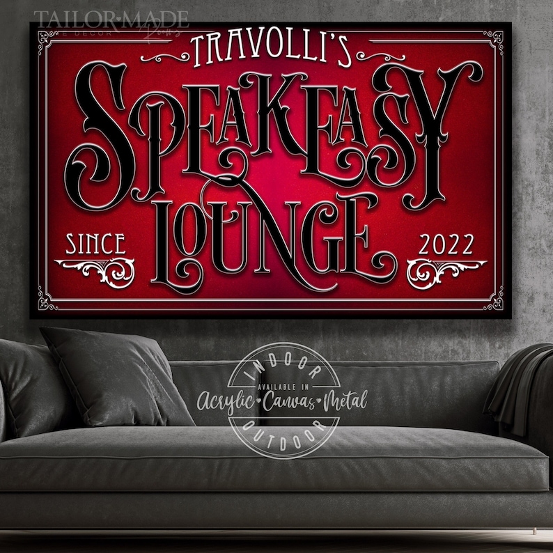 Speakeasy Sign, Whiskey Bar, Lounge Bar Sign, 1920s Speakeasy Lounge Sign,Bar Wall Decor,Large Bar Wall Art,Bar Sign,Bar Art,Bourbon Bar Sign

Red Speakeasy Sign with black letters with family name and the words Speakeasy Lounge with an est. date.