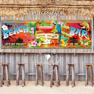 Tiki Bar Sign, Pool & Patio Sign, Tiki Decor,Bar Sign, Backyard Bar and Grill Sign, Pool Sign, Tiki Hut Sign, Margarita Sign, Poolside Decor

Beach Bar lets get freaky at the tiki in bright colors partying since (your year) with margarita and parrots
