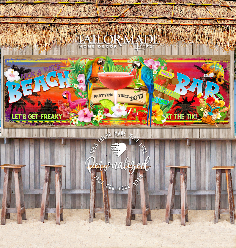 Tiki Bar Sign, Pool & Patio Sign, Tiki Decor,Bar Sign, Backyard Bar and Grill Sign, Pool Sign, Tiki Hut Sign, Margarita Sign, Poolside Decor

Beach Bar lets get freaky at the tiki in bright colors partying since (your year) with margarita and parrots