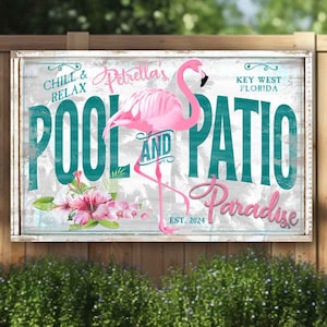 Enseigne pour piscine et terrasse, enseignes de piscine personnalisées, enseignes de piscine personnalisées, enseigne de piscine, décoration de piscine, décoration de terrasse de piscine, enseigne au bord de la piscine, art flamant rose de piscine
