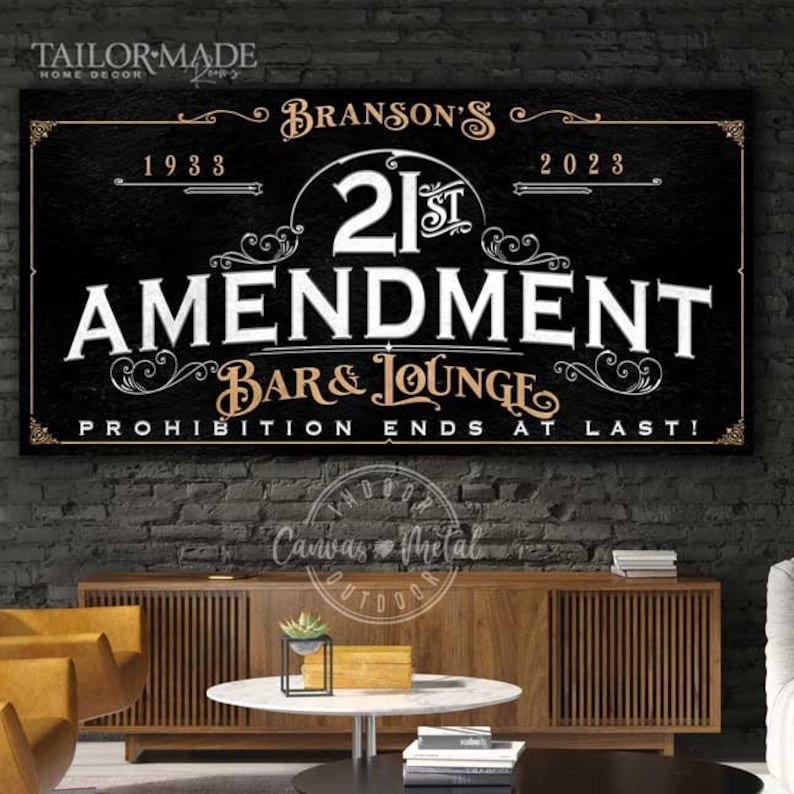 Speakeasy Sign,Lounge Bar Sign,Prohibition,Bar Wall Decor,Large Bar Wall Art,Bar Sign,Bar Art,Bourbon Bar Sign,21st Amendment Sign, 20's art

(Family Name) 21st Amendment Bar & Lounge written in white text on black faux stone background