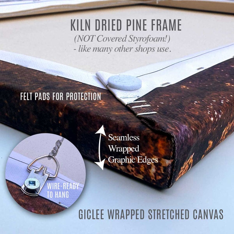 May include: Close-up of a stretched canvas print wrapped around a kiln-dried pine frame. The canvas is seamless and the edges are wrapped. The frame has felt pads for protection and a wire hanger is attached. The text "KILN DRIED PINE FRAME (NOT Covered Styrofoam!) - like many other shops use." is visible at the top of the image. The text "FELT PADS FOR PROTECTION" is visible on the left side of the image. The text "Seamless Wrapped Graphic Edges" is visible on the right side of the image. The text "WIRE-READY TO HANG" is visible on the bottom left side of the image. The text "GICLEE WRAPPED STRETCHED CANVAS" is visible on the bottom right side of the image.