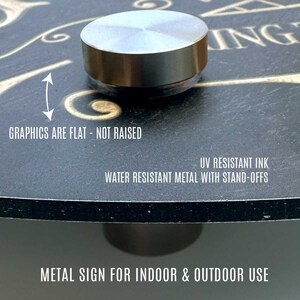 May include: A black metal sign with white text that reads "GRAPHICS ARE FLAT - NOT RAISED". The sign is water resistant and has stand-offs to keep it from touching the surface it is mounted on. The sign also says "UV RESISTANT INK" and "WATER RESISTANT METAL WITH STAND-OFFS". The sign is for indoor and outdoor use.