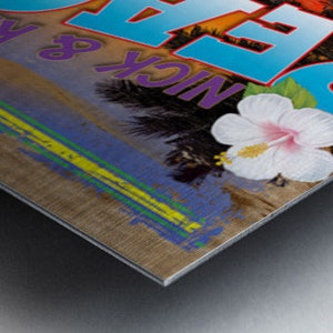May include: A vintage-style postcard featuring a sunset scene and the text "Nick & Sea" in blue and yellow lettering. A white hibiscus flower is in the bottom right corner.