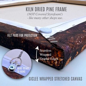 May include: Close-up of a wrapped canvas print with a kiln-dried pine frame. Features include felt pads for protection, seamless wrapped graphic edges, and wire-ready hanging. The text reads "Giclee Wrapped Stretched Canvas."