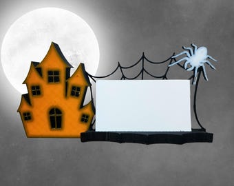 Porte-cartes de visite Halloween imprimé en 3D : maison hantée orange avec araignée