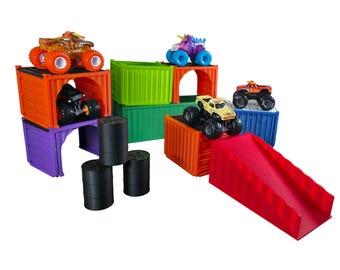 Parcours d'obstacles sur rampe Monster Truck | Jouet de course pour conteneur d'expédition | Accessoires à l'échelle 1:64