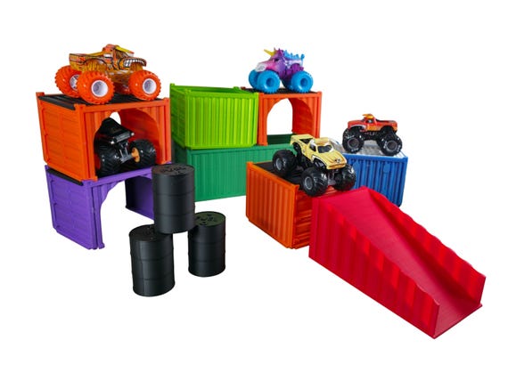 Monster Truck Ramp Obstacle Course | Shipping Container Racetrack Toy | 1:64 Scale Accessories