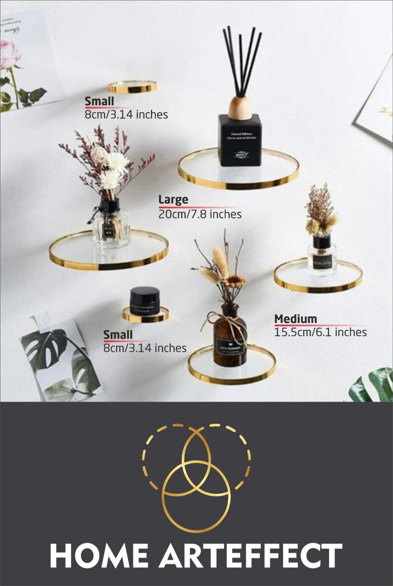 Floating Shelf Round Glass Wall Hanging Gold Mountable Wall Etsy