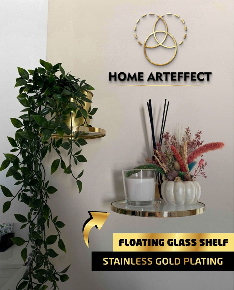 Floating Shelf Round Glass Wall Hanging Gold Mountable Wall Etsy