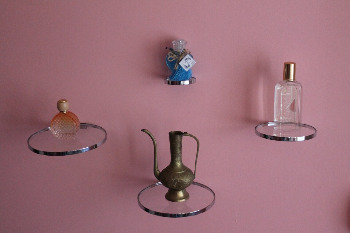 Floating Shelf Round Glass Wall Hanging Gold Mountable Wall Etsy